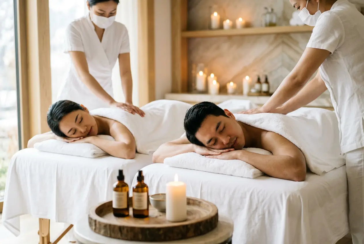 Calm spa room prepared for a couples massage package at D4 Season Lynnwood, WA